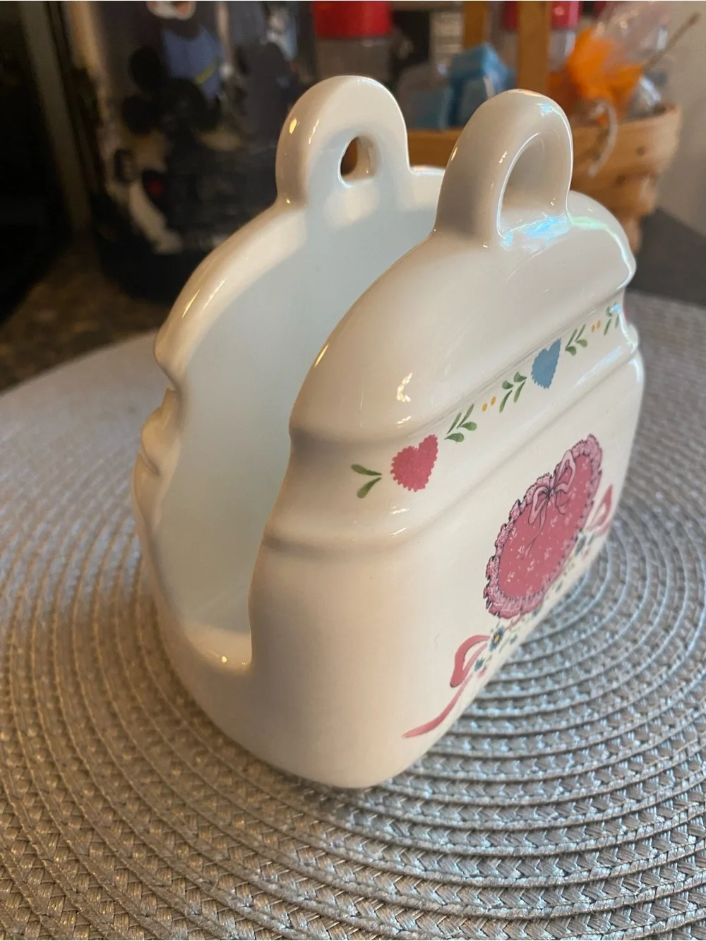 Vintage 80s Cottagecore Ceramic Napkin Holder Country Heart Bow Grannycore Caddy